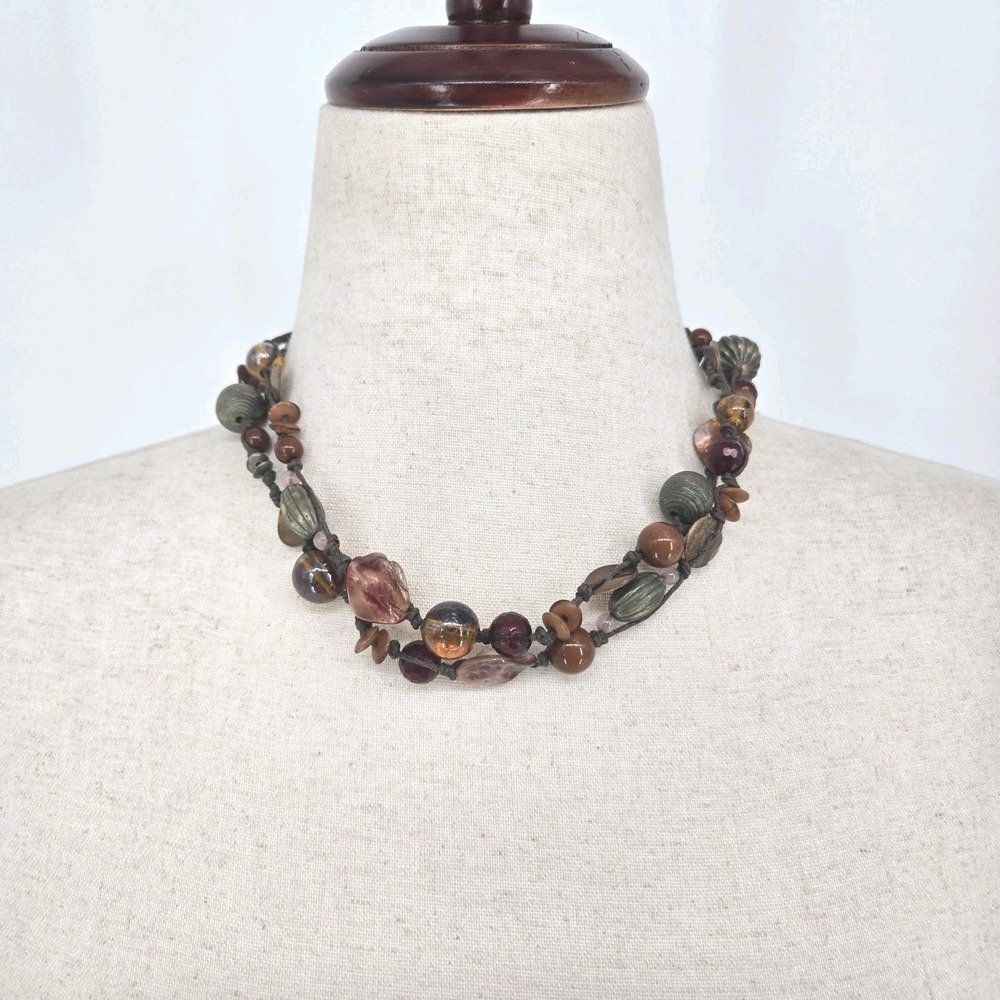 Vintage Boho Mixed Glass Bead Necklace Knotted Cord 36" Artisan Brown  Orange